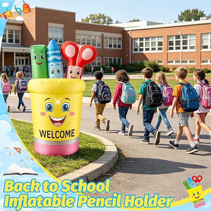 5FT Back to School Inflatable Outdoor Decorations Giant Blow Up Pencil Holder with Crayons & Ruler,Built-in LED Lights for First Day of School Welcome Party Photos Backdrop Classroom Garden Yard Decor