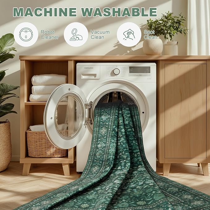 Round Area Rug for Living Room: 8 ft Washable Vintage Boho Soft Thin Circle Rug Indoor Floor No Slip Stain Resistant Carpet for Bedroom Dining Room Farmhouse Nursery Home Office -Deep Green