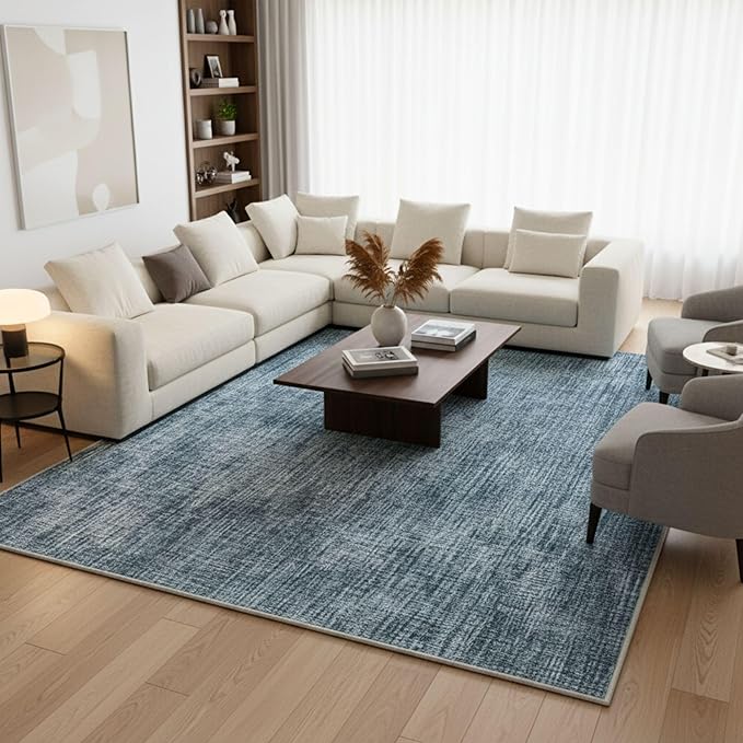 Ottomanson Living Room Area Rug 7'10" x 8' – Non-Slip Soft Rug, Easy to Clean Low Pile Carpet for Bedroom, Dining Room or Office, Solid Greyish Blue
