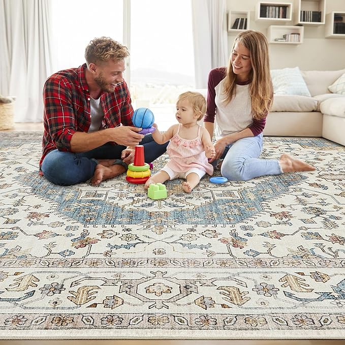 12x15 Area Rugs for Living Room - Large Carpet Ultra Thin Soft Washable Oriental Vintage Floral Distressed Big Indoor Carpets for Bedroom Nursery Dorm Home Decor Aesthetic - Blue/Beige