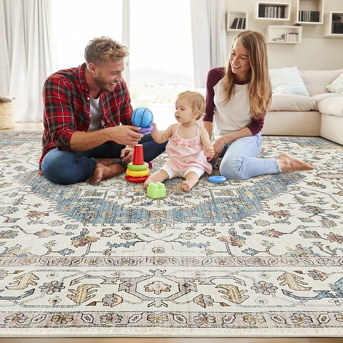 Area Rug for Living Room - 9x12 Soft Washable Oriental Vintage Floral Distressed Large Carpet - Fade Stain Resistant Non Slip Rugs for Bedroom Dining Room Nursery Dorm Office Home Decor - Blue/Beige