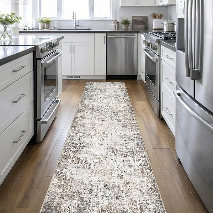 2.6'x14' Runner Rug Washable Rug: Modern Abstract Soft Thin Runner Rug Brown Grey