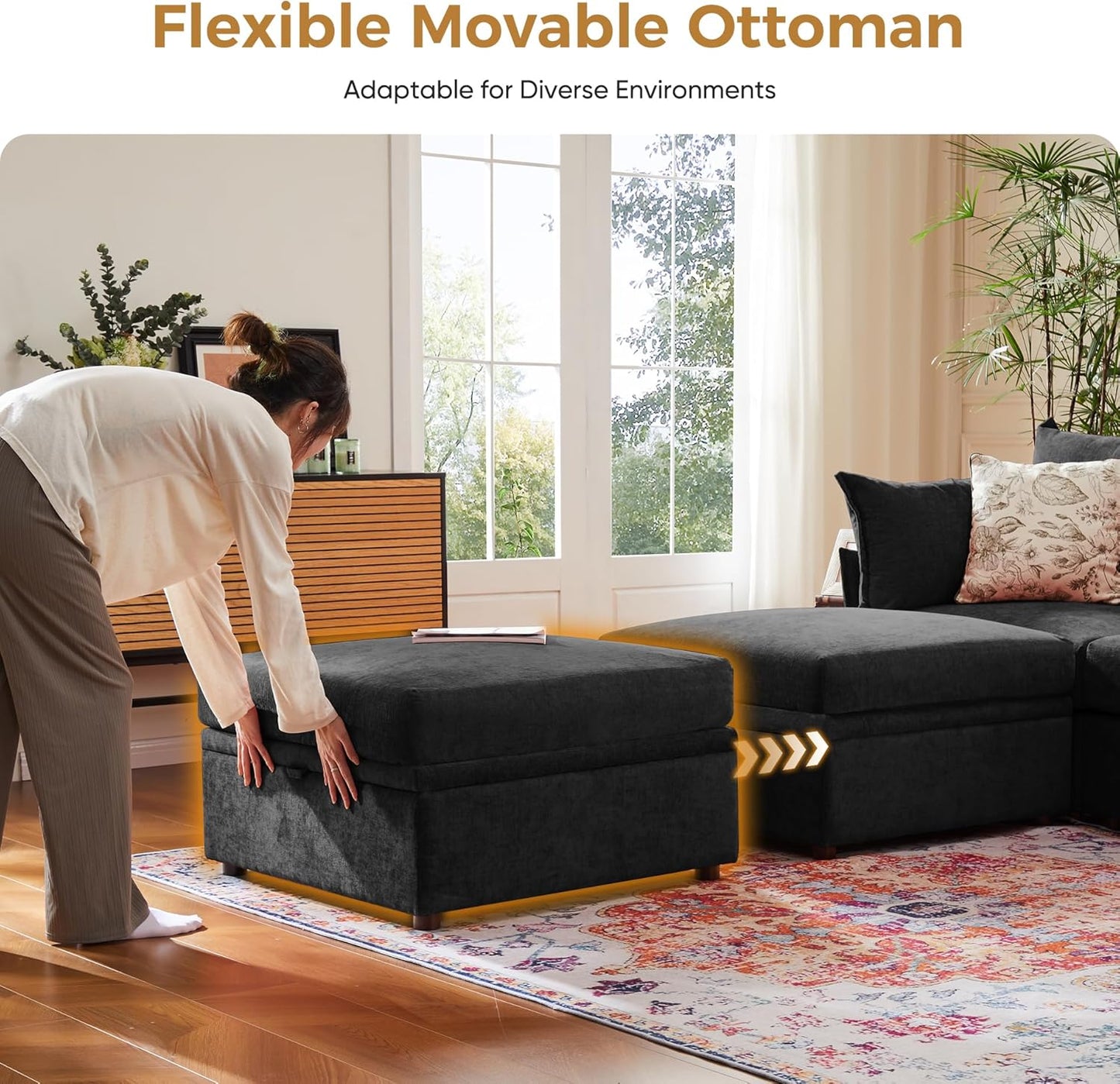 136.4" Oversized Modular Sectional Sofa, L Shaped Convertible Couch with Movable Ottoman, Large 7 Seat Corner Couches for Living Room Deep Seat Black Chenille