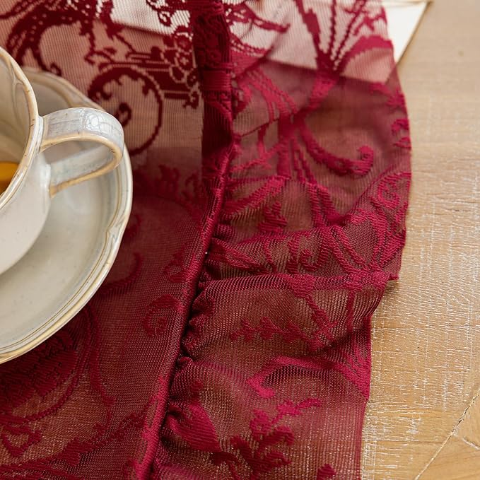 TUDECO Dark Red Curtains for Living Room 2 Panels - Rustic Country Sheer Floral Lace Red Curtains 108 Inches Long, Pretty Ruffle Edges Burgundy Decor Light Filtering Room Window Drapes, 59 x 108 Inch