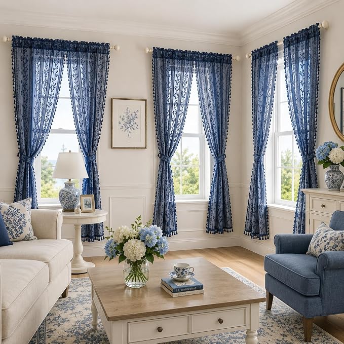 WAZZIO Boho Lace Curtains 2 Panels 84 Inch -Victorian Sheer Panel Drape French Country Floral Pattern & Tassel Light Filtering Privacy for Bedroom Dining Living Room,Coastal Decor,Navy Blue,W52x L84