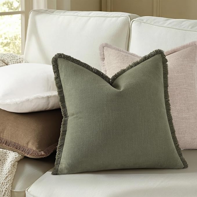 decorUhome Linen Fringe Euro Sham Throw Pillow Covers Set of 2 Decorative Olive Green Pillow Covers with Tassels Soft Accent Boho Farmhouse Pillow Cases for Couch Bed Sofa 24x24 Inch