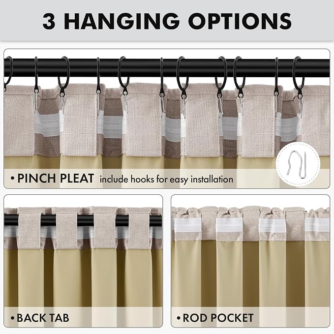 MIULEE 100% Blackout Linen Curtains for Bedroom, Khaki Solid Luxury Decor Thermal Insulation Room Darkening Drapes for Living Room Back Tab Rod Pocket 42 x 72 Inches, 2 Panels