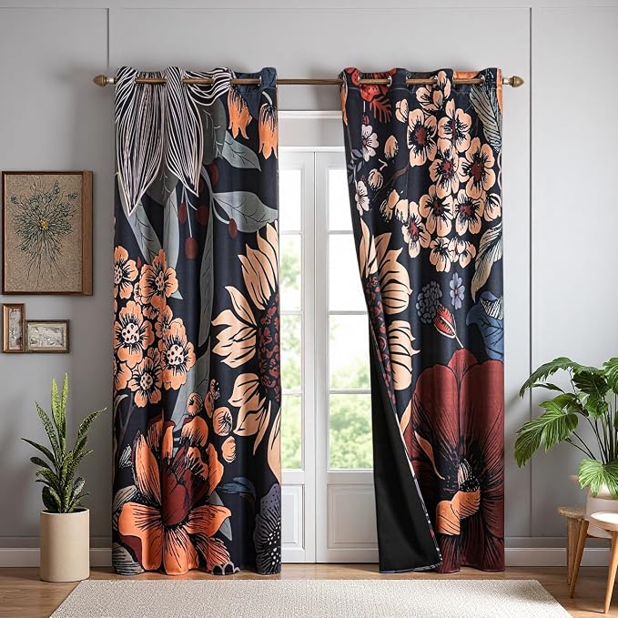 Boho Floral 100% Blackout Curtains 84 inch Long 2 Panels Set for Bedroom Vintage Big Rustic Flower Black Out Curtains Room Darkening Thermal Insulated Window Drapes for Living Room 52x84inch