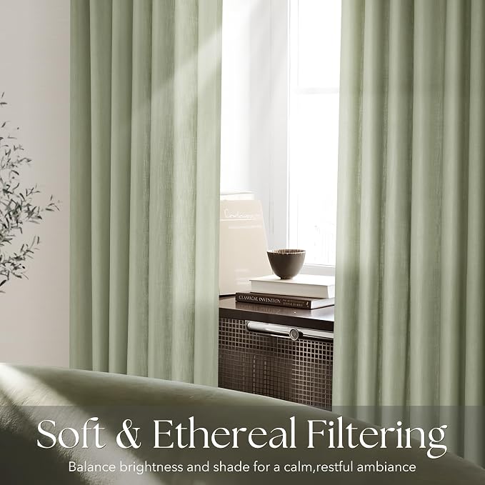 Pinch Pleated Sage Green Curtains 96 inch Long for Living Room 2 Panel Set Light Fitering Semi Sheer Light Green Linen Curtain with Pleat Hooks Rustic Farmhouse Sage Drapes 8 ft Length 40"x96"