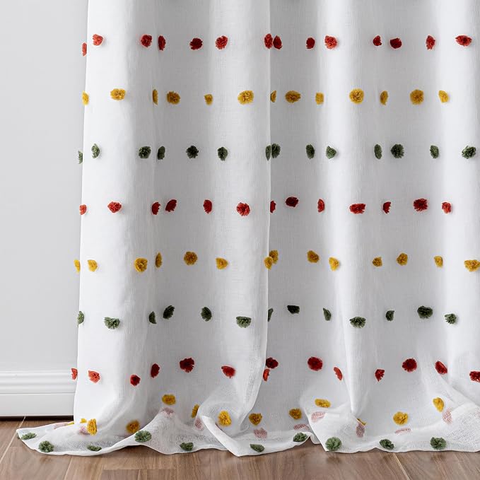 MEETSKY 100% Blackout Curtains for Girls/Kids/Nursery Bedroom 84 Inch Long Rainbow Green Red Yellow Curtains 2 Panels Room Darkening Grommet Window Drapes with Pom Pom Sheer 52W x 84L