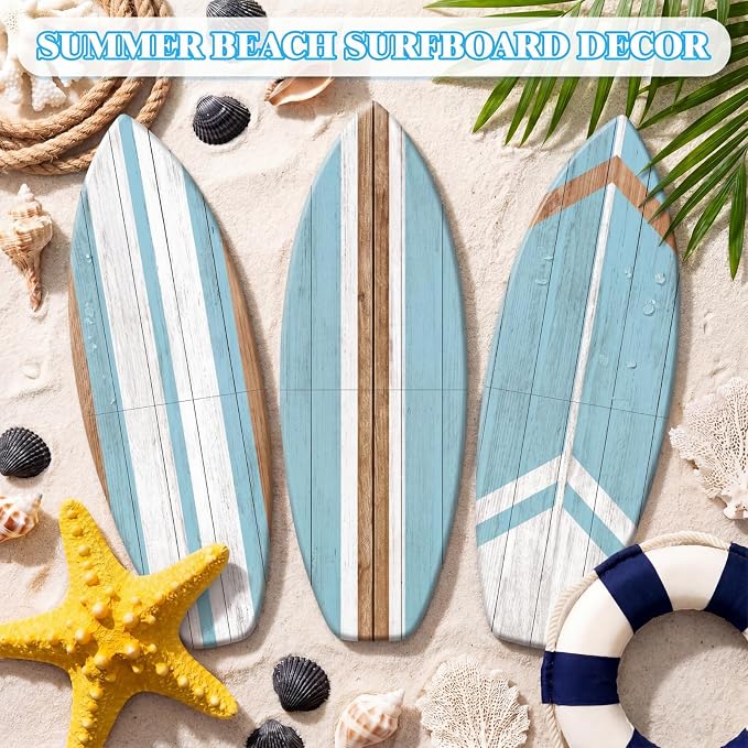 Yookeer 3 Pcs Surfboard Wall Decor,36" x 12" Large Wooden Coastal Beach Wall Decor Set, Aesthetic Cute Beachy Tropical Surf Board Art for Room Bedroom Decoration(Blue,Classic)