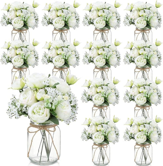 Zeyune 12 Sets Mason Jar Centerpiece Table Decorations, Artificial Peony Baby's Breath Flower Bouquets, Faux Flowers with Vase, Rustic Decor Gifts for Home, Wedding, Holiday (Green)