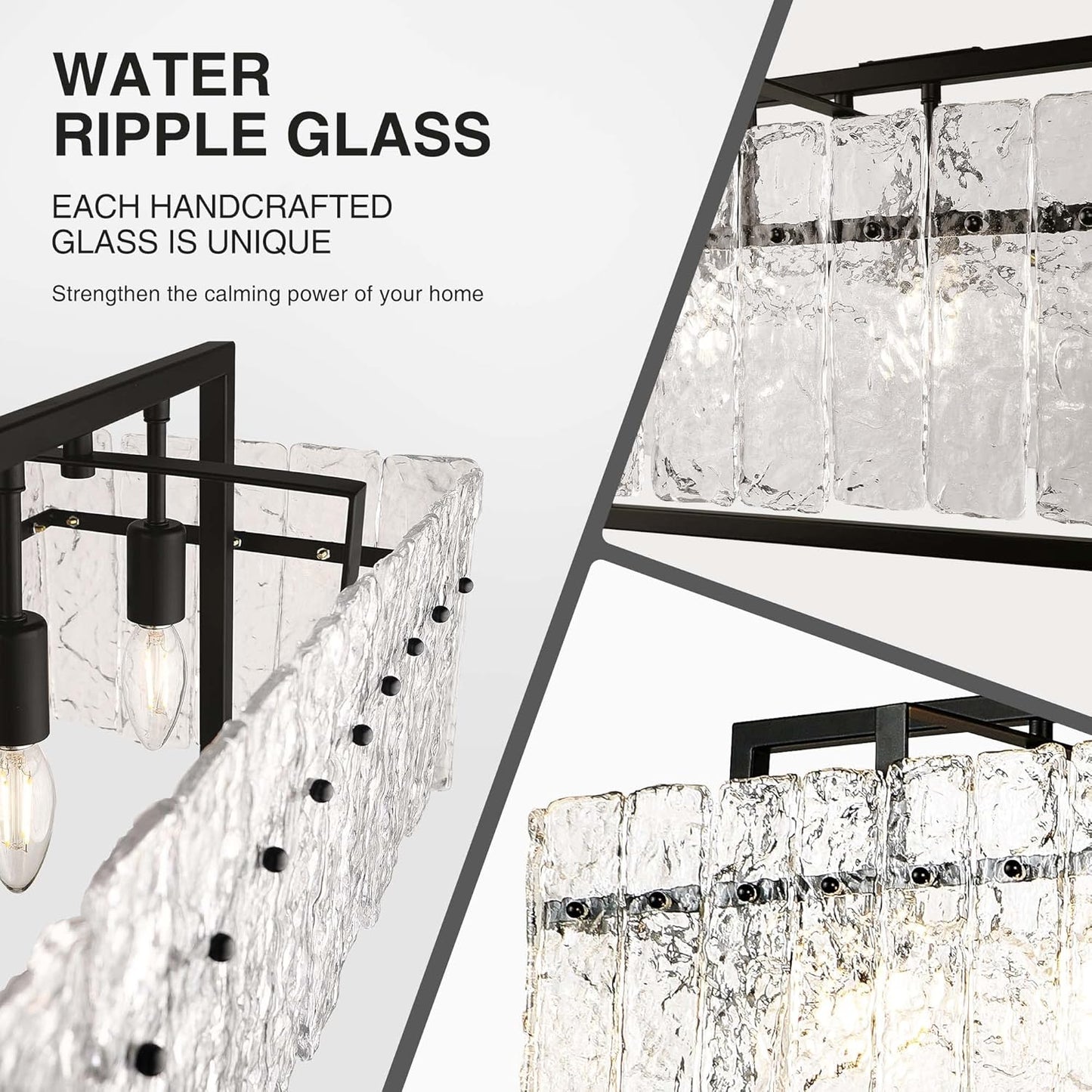 IKK Modern Rectangle Black Crystal Chandeliers for Dining Room, 42" Large Rectangular Water Ripple Glass Island Light Fixture, Linear Farmhouse Lighting for Kitchen Island, Living Room, L42xW11xH12