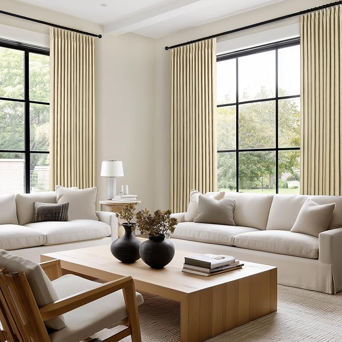 Topfinel Pinch Pleated Full Blackout Curtains 84 Inch for Bedroom Living Room,Fall Sand Beige Double Layer Linen Blended Room Darkening Back Tab Pinch Pleat Drape with Hooks Rings 2 Panel 40" Wx84 L
