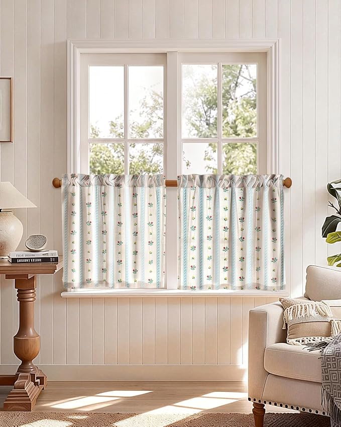 Miss Adola Farmhouse Kitchen Tier Curtains - 24 Inch Length Linen Blend Boho Cafe Curtains Blue Floral Small Window Treatments Over Sink Rod Pocket for Bathroom Living Room Light Filtering, 2 Panels