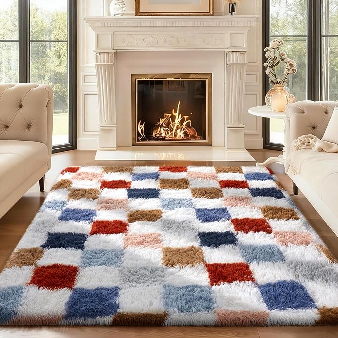 Ophanie Checkered Rainbow Rug for Living Room Bedroom,Colorful Fluffy Soft Cute Fuzzy Area Rugs,Shag Plush Shaggy Bedside Floor 4x6 Furry Carpet Kids Baby Teen Dorm Decor with Over 99 pcs Pile fibers