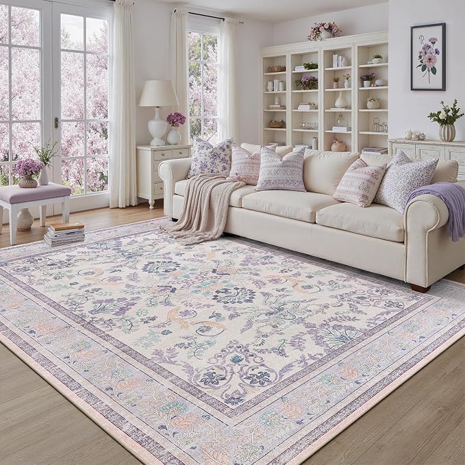 DCX Area Rug 4x6 Botanical Floral Washable Rugs in Purple and Beige Soft Non Slip Low Pile Stain Resistant Carpet for High-Traffic Areas Bedroom Kitchen Entryway
