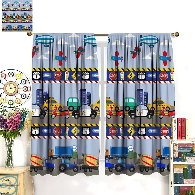 Cartoon Cars Curtain,Kids Boys Aircraft Vehicles Road Clouds Print Window Treatment Curtains for Kitchen Bedroom Cafe Dining Room Office Living Room Drapes Decor, 42x45 in