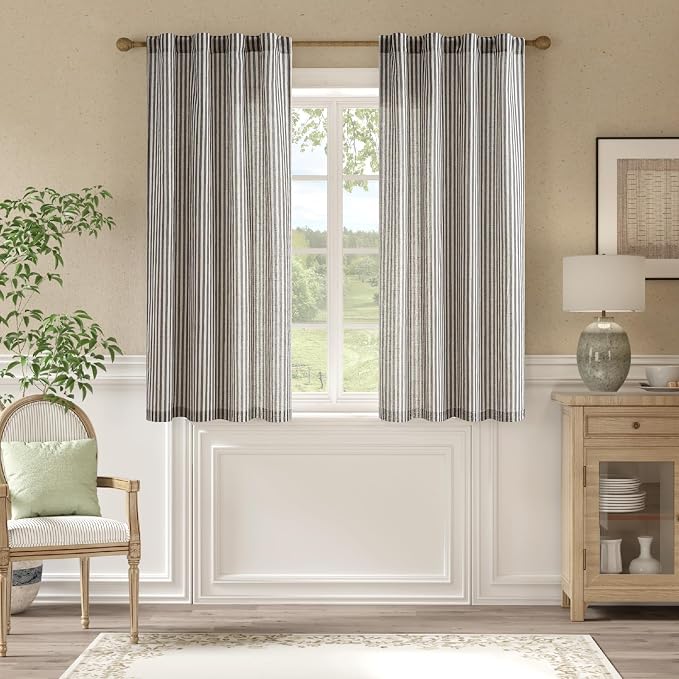 jinchan Linen Curtains 63 Inch Black Stripe on Beige Back Tab 2 Panels | Curtains For Living Room Bedroom,Ticking Stripe, Farmhouse Cottage Core Rustic,Rod Pocket Window Treatment,Light Filtering