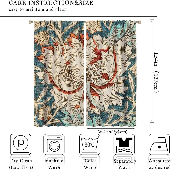 William Morris Plant Floral Blackout Window Curtains, Bohemian Vintage Rustic Flowers William Morris Art Style Window Drapes, for Bedroom Living Room 21(W)*54(L) 2 Panels