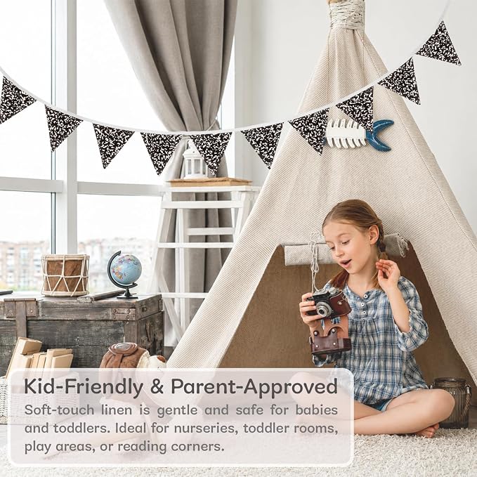 Classroom Wall Decor Pennant Banner, Black and White Fabric Pennant Flags Triangle Banners, Pennant Flags for Classroom Wall, Preschool Decor Flags Fabric for Kids Learning Space