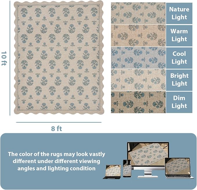 ORTIGIA Scalloped Easy Jute 8x10 Area Rug Vintage Blue Floral Farmhouse Washable Rug Non-Slip Indoor Outdoor Carpet for Living Room Bedroom Patio Entryway