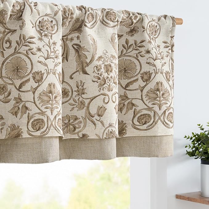 jinchan Linen Valance Kitchen Curtain Pack of 2 Double Layer 18 Inch for Living Room Bedroom Window Treatment Light Filtering Vintage Farmhouse Cottagecore Rod Pocket 2 Panels Taupe on Beige