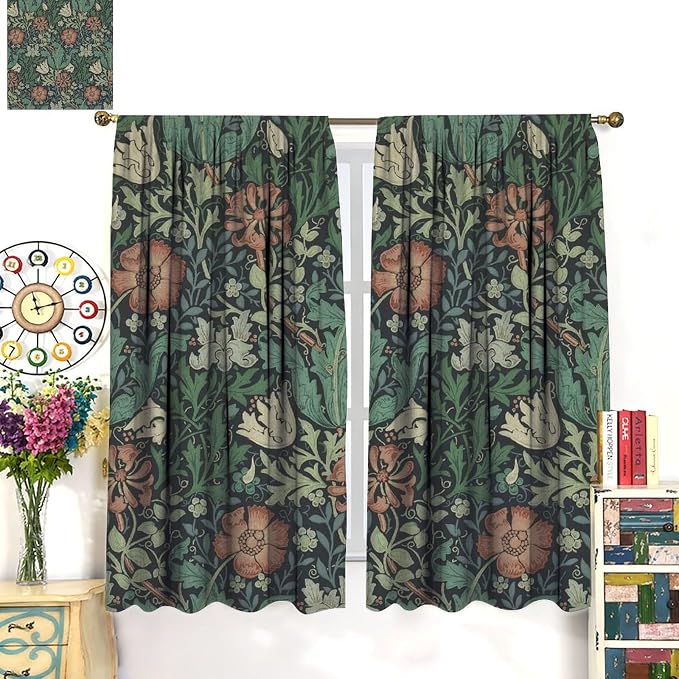 William Morris Flower Blackout Window Curtains, Bohemia Floral Vintage Window Drapes, for Living Room Bedroom 21(W)*54(L) 2 Panels