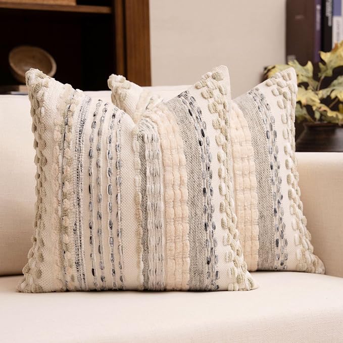 Boho Chenille Tufted Throw Pillow Covers 18x18 Inch Set of 2 Farmhouse Cream White Woven Striped Decorative Pillowcases for Couch Sofa Bed