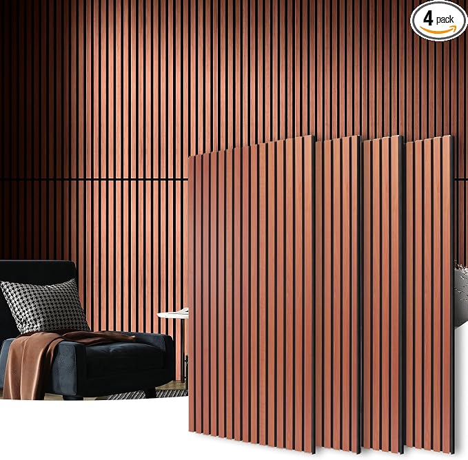 Art3d 4 Pack 47.2 x 23.6in. Wood Slat Acoustic Panels for Wall and Ceiling - 3D Fluted Sound Absorbing Panel with Wood Finish - Cherry