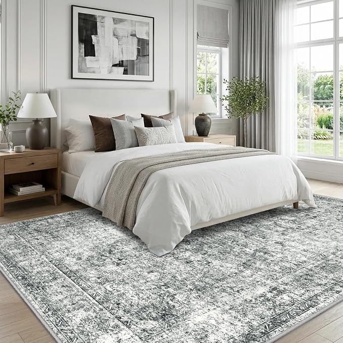 CAPALOCA Machine Washable Rugs Nursery Rug 6x9 Cute Girl Non Slip Low Pile Water Repellent Soft Print Pattern for Bedroom Indoor Decor Kids Playroom Grey