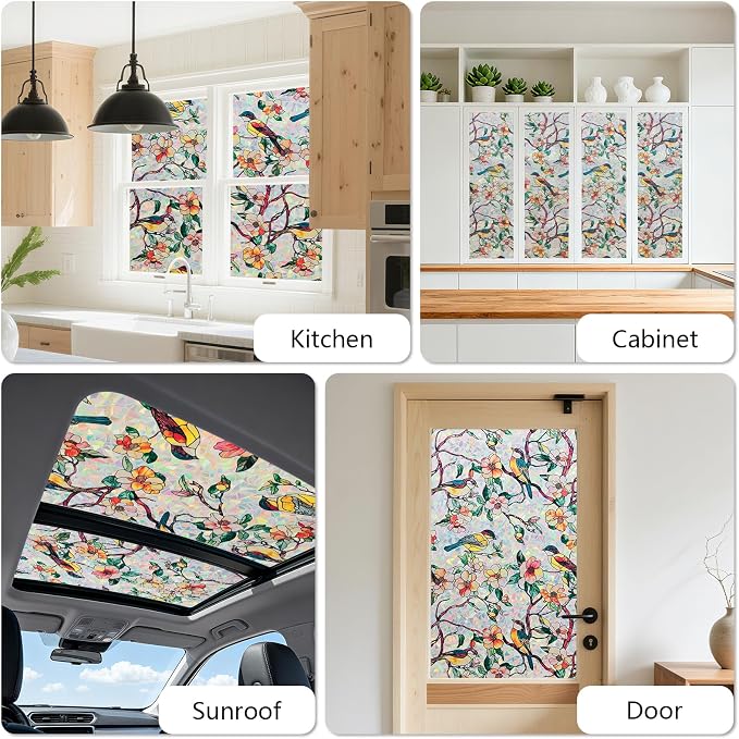 Kromapolis Window Privacy Film, Stained Glass Sticker Floral Window Clings, Decorative Static Clings UV Blocking Colorful Decals, Removable Vinyl Covering Rainbow Camellia, 29.5'' x 78.7''