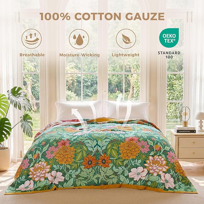 LUTBM Boho Throw Blanket for Couch Sofa Chair Spring Cotton Blankets for Bedroom Living Room All Season Lightweight Reversible Floral Embroidery Throws 50"x60"