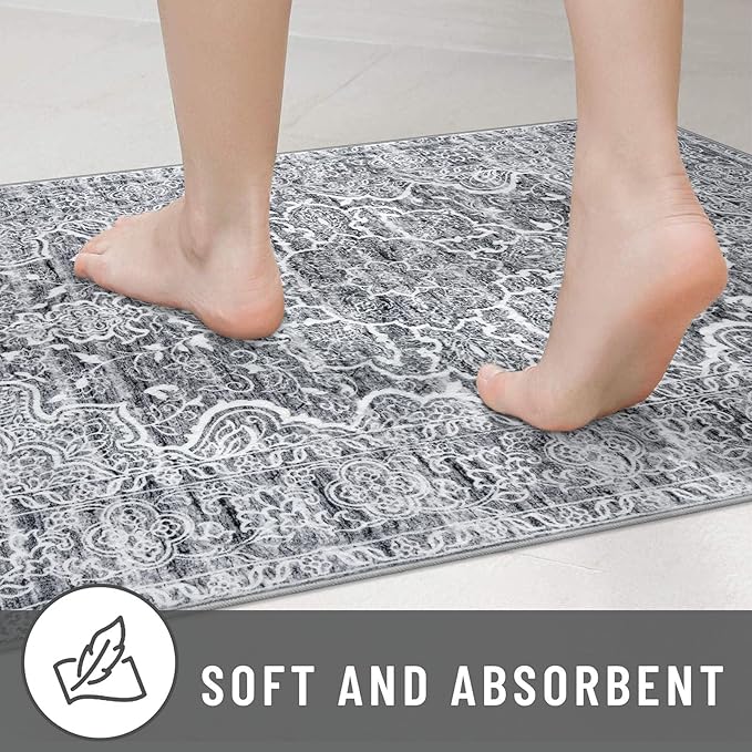 KUTA Area Rug 4x6 Living Room, Washable Rugs Vintage Distressed Tribal Grey Blue White, Non-Slip Dining Room Carpet, Extra Soft Low Pile Printed Traditional Medallion Cozy Throw for Bedroom