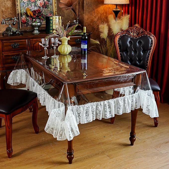 SUTAVIA Clear PVC Tablecloth White Lace Ruffle Edge Transparent Vinyl Table Protector Waterproof Rectangular Table Cover for Dining Table Home Outdoor Picnic (White Ruffle, Oblong, 60"x104")