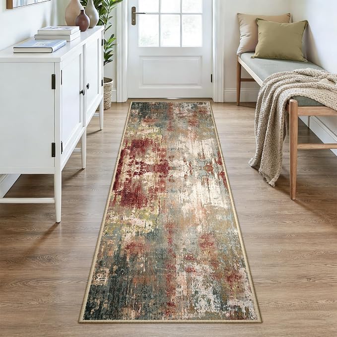 RELEANY Washable Area Rugs 3x8 Non-Slip Modern Abstract Soft for Living Room Entryway Bedroom Kitchen, Print Pattern, Brown Rust Red Green Blue Multi