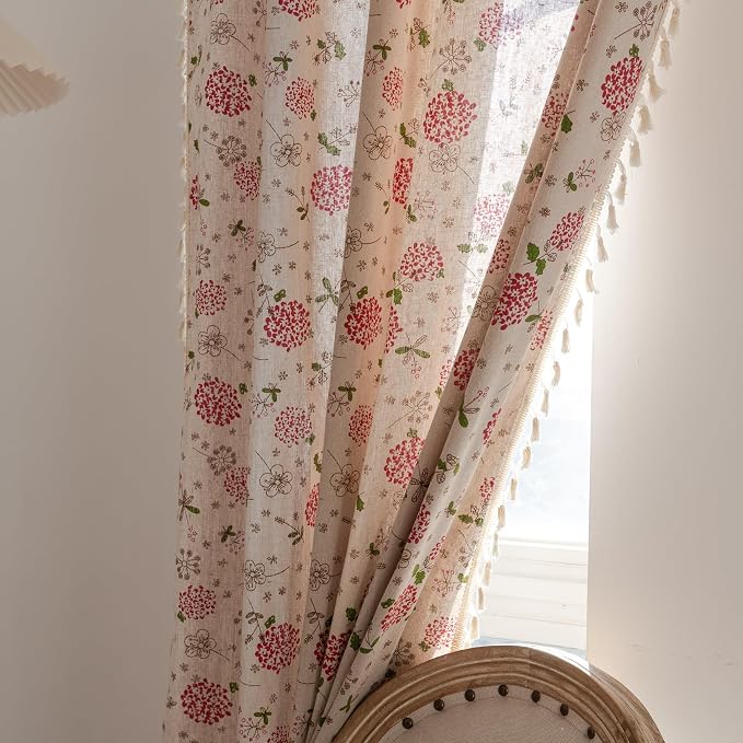 OYX Boho Curtains 63 Inch Length 2 Panels for Living Room, Bedroom Light Filtering Drapes, Farmhouse Vintage Country French Rustic Tassels Pattern Rod Pocket Aesthetic Decor Window Treatments