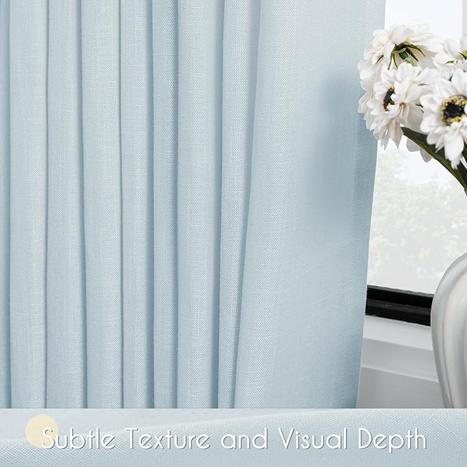 Sky Blue Curtains 102 inch Length for Bedroom Back Tab Light Filtering Semi Sheer Blue Living Room Curtains Linen Cotton Textured Drapery Panel Aesthetic Decor Light Blue 52x102
