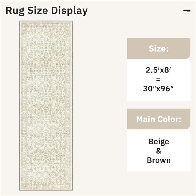 Soalmost Washable Runner Rug, 2'6" x 8' Non-Slip Kitchen Vintage Foldable 2.5x8ft Hallway Runners for Entryway, Laundry, Bedroom, Beige/Brown
