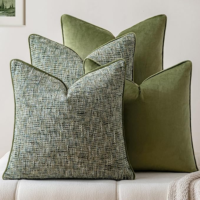 a moment Dark Green 4 Pack Throw Pillow Covers - Chenille & Velvet Set with Piping, Farmhouse Textured Design Pillow Cases for Couch Sofa Bed Livingroom (22x22 Inch, No Insert)