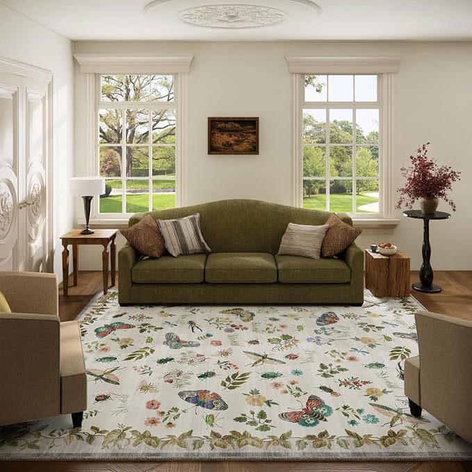 Washable Area Rugs for Living Room: 5x7 Bedroom Rug Vintage Rugs Stain Resistant Non Slip Low Pile Soft Lightweight Carpet for Kitchen Dining Room Farmhouse Nursery Kids Room Indoor