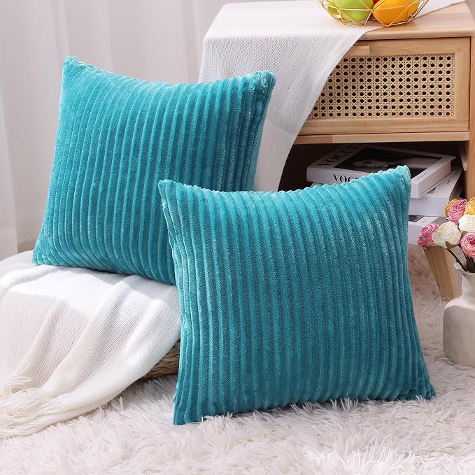 Simmore Decorative Fall Throw Pillow Covers 12x20 Set of 2, Soft Natural Plush Flannel Double-Sided Fluffy Rectangle Pillow Covers for Couch Sofa Living Room, Teal