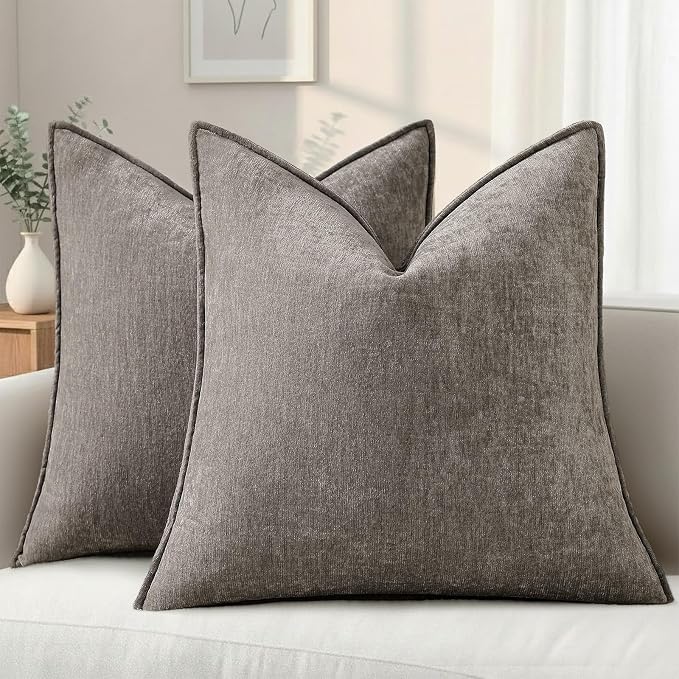 decorUhome Fall Couch Euro Sham Throw Pillow Covers 24x24 Set of 2, Decorative Soft Velvet Modern Cozy Chenille Pillow Cases with Elegant Design for Sofa Bed Living Room Home Decor, Dark Grey