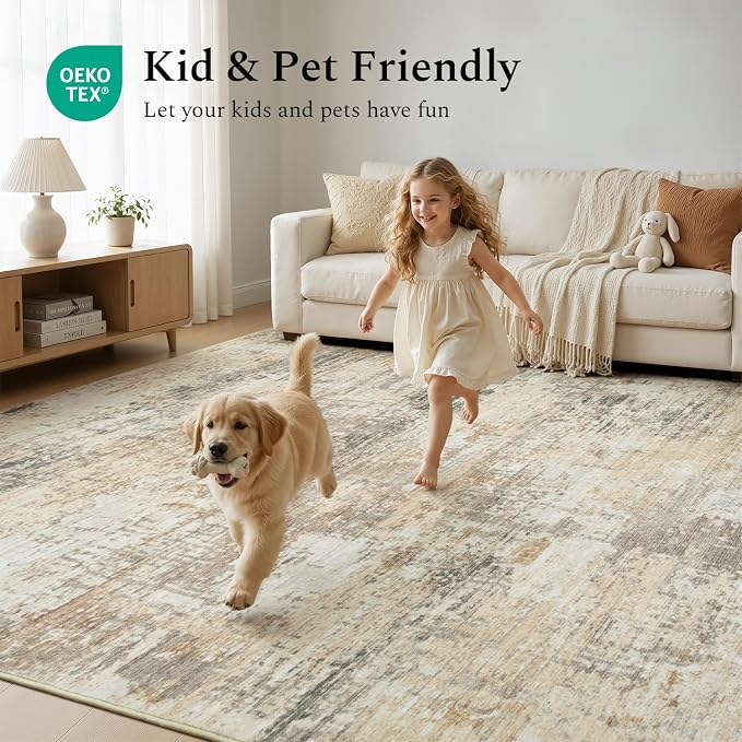 Rugflix 8x10 Area Rugs for Living Room, Washable Large Rug Stain-Resistant Low Pile, Modern Neutral Carpet for Dining Room Home Office Kid Room Nursery Bedroom, Brown Black Beige