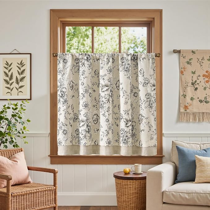jinchan Linen Kitchen Curtain 36 Inch French Floral Double Layer Curtain Farmhouse Vintage Tier Drape Rustic Half Window Curtain for Living Room Window Treatment Rod Pocket 1 Panel Black on Beige