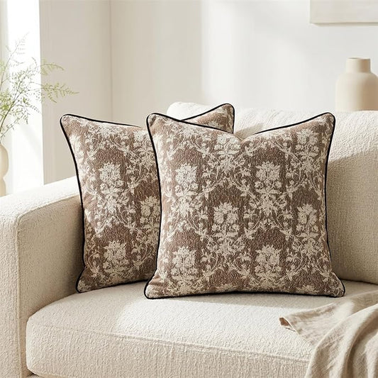 16x16 Inch Vintage Vine Pillow Covers Set of 2, Woven Floral Cushion Cases with Soft Velvet Back and Corded Piping for Couch Sofa Bed Accent Decor, Brown