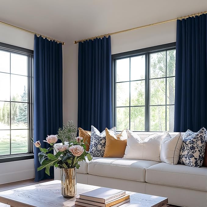 INOVADAY 100% Blackout Curtains for Bedroom, Black Out Curtains 96 Inch Long, Clip Rings Linen Blackout Drapes, Thermal Insulated Room Darkening for Living Room, 2 Panels - Midnight Blue,W50xL96