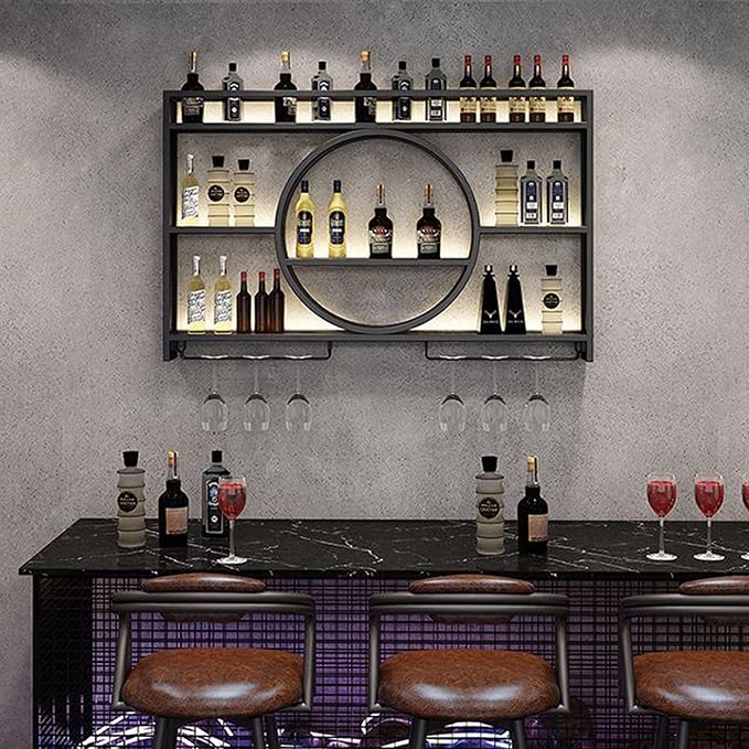 Metal Wine Rack Wall Mounted with LED Light, 3-Tier Bar Liquor Shelf with Wine Glass Holder, Modern Large Capacity Liquor Bottle Display Storage Shelf for Home Bar, Dining Room(Black, 120*80*15)