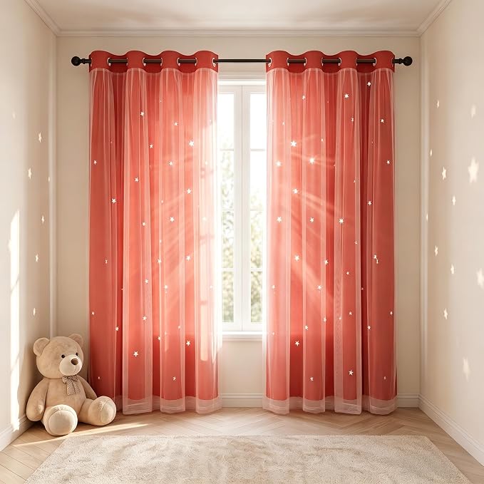 Princess Curtains for Girls Bedroom with Sheer Overlay,Double Layer Curtain for Living Room with Star Cutout, Curtains for Kids Room (70 W*84 L Inches,2 Pcs Coral)