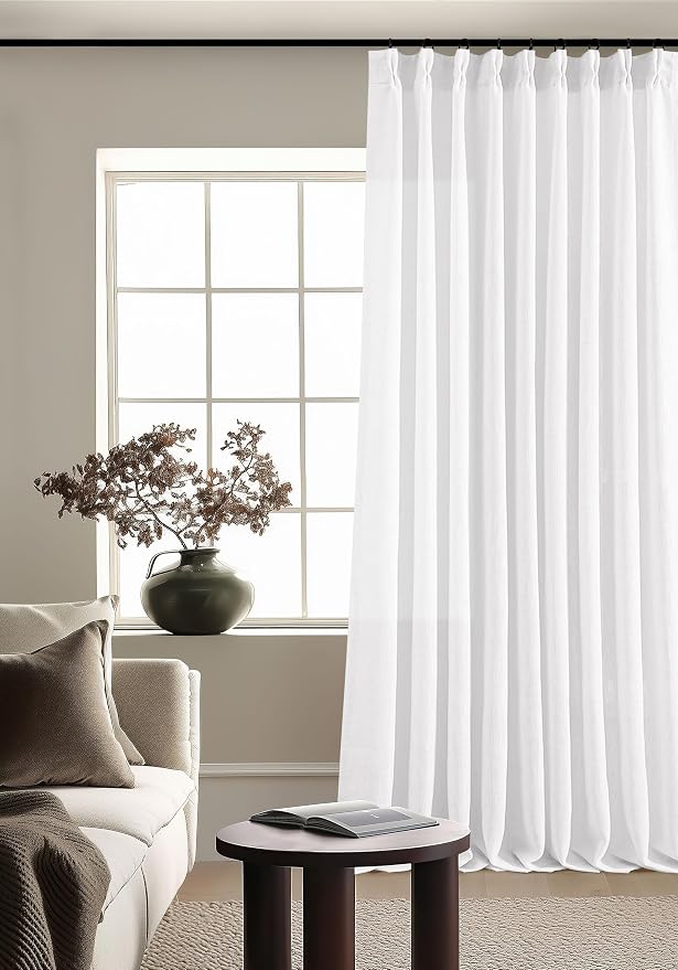TWODRAPES Snow White Pinch Pleated Linen Curtains 1 Panel for Living Room Bedroom Memory Training Shaped Semi Sheer Pleat Drapes with Hooks Rings Light Filtering Window Curtain 60x108